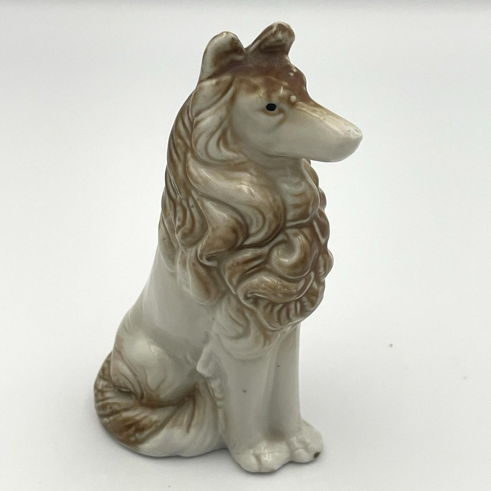 Vintage 1950s Japan Collie Dog Figurine‎ 4" Ceramic Brown & White Statue